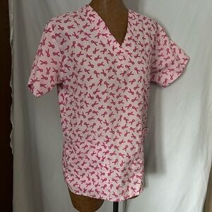 Shana Scrubs Pink Ribbon Breast Cancer Awareness V-Neck Scrub Top Small RN113574